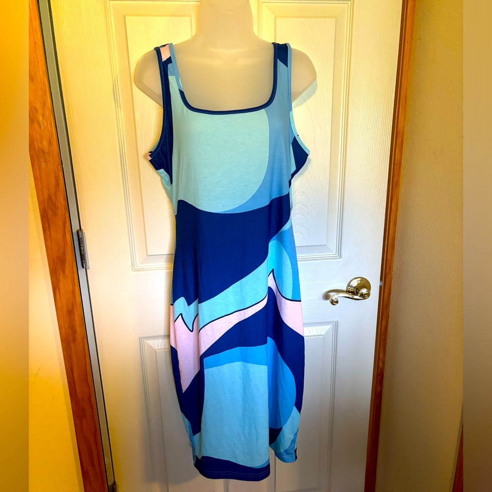 Unbranded‎ Bodycon Tank Maxi Dress X-Large Blues Pink Geometric Waves Eclectic